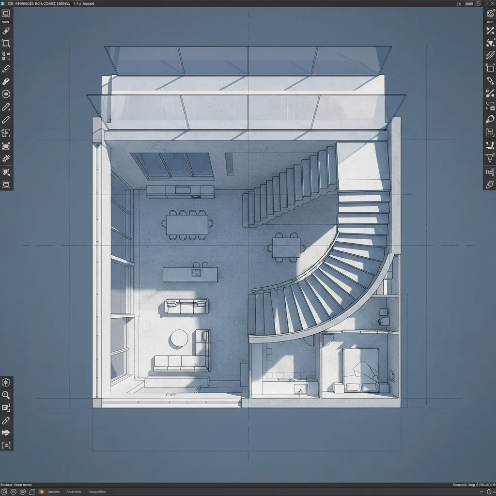 Interior design drawing showing modern room layout with concrete stairs sofa bed and dining table