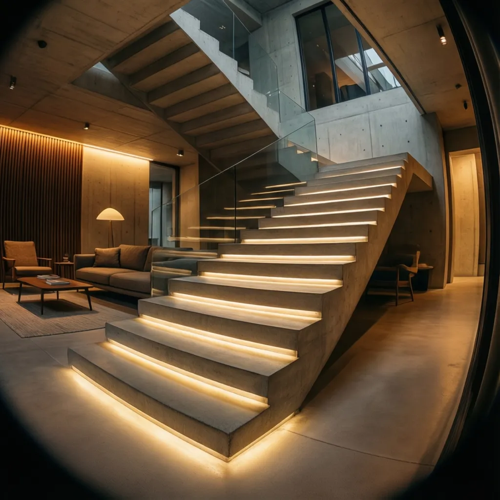 Escalera de cemento con iluminación LED bajo los peldaños
