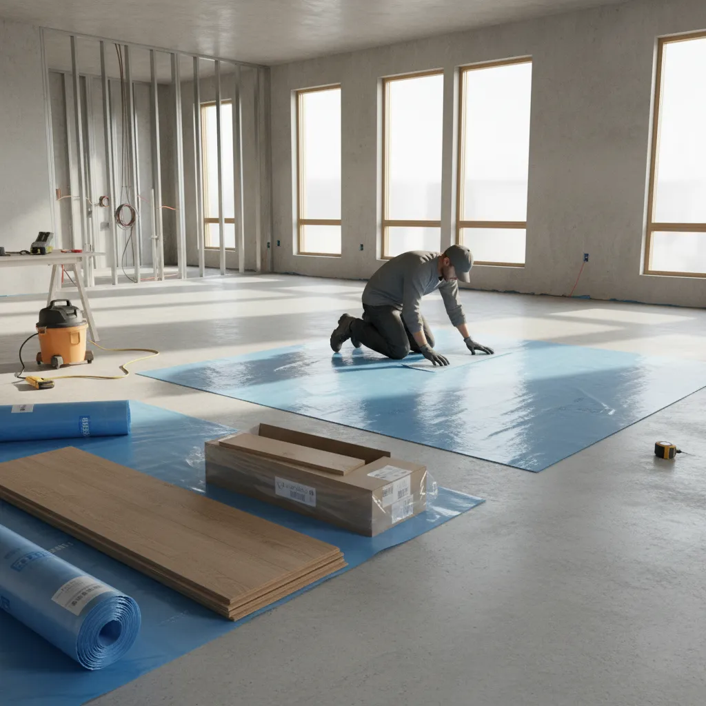 Contractor installing vapor barrier and underlayment over concrete subfloor before hardwood flooring