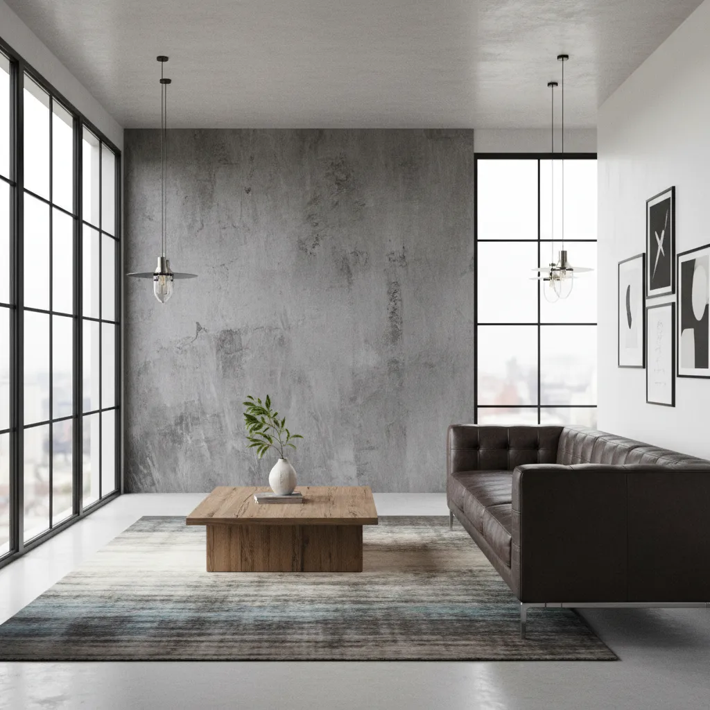 Modern living room with concrete texture accent wall and contemporary furniture