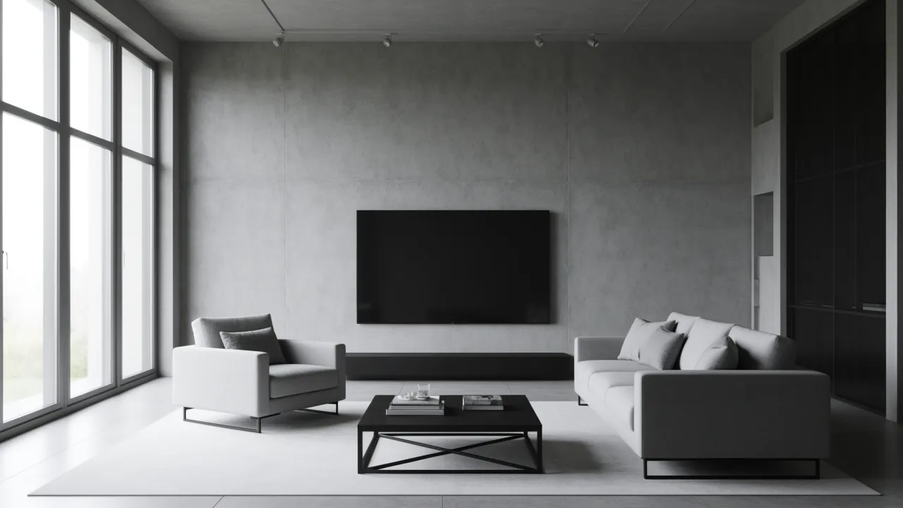 Contemporary living room with smooth concrete textured wall finish