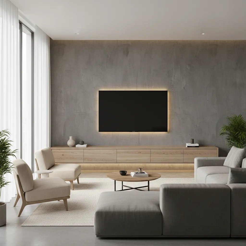 Concrete texture paint design used on modern TV wall in living hall