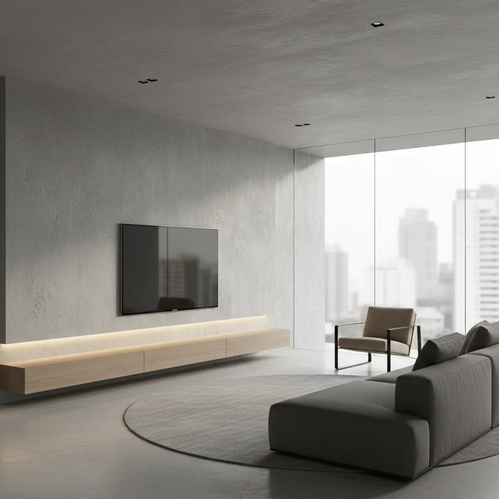 Concrete finish textured TV wall with floating console in modern hall