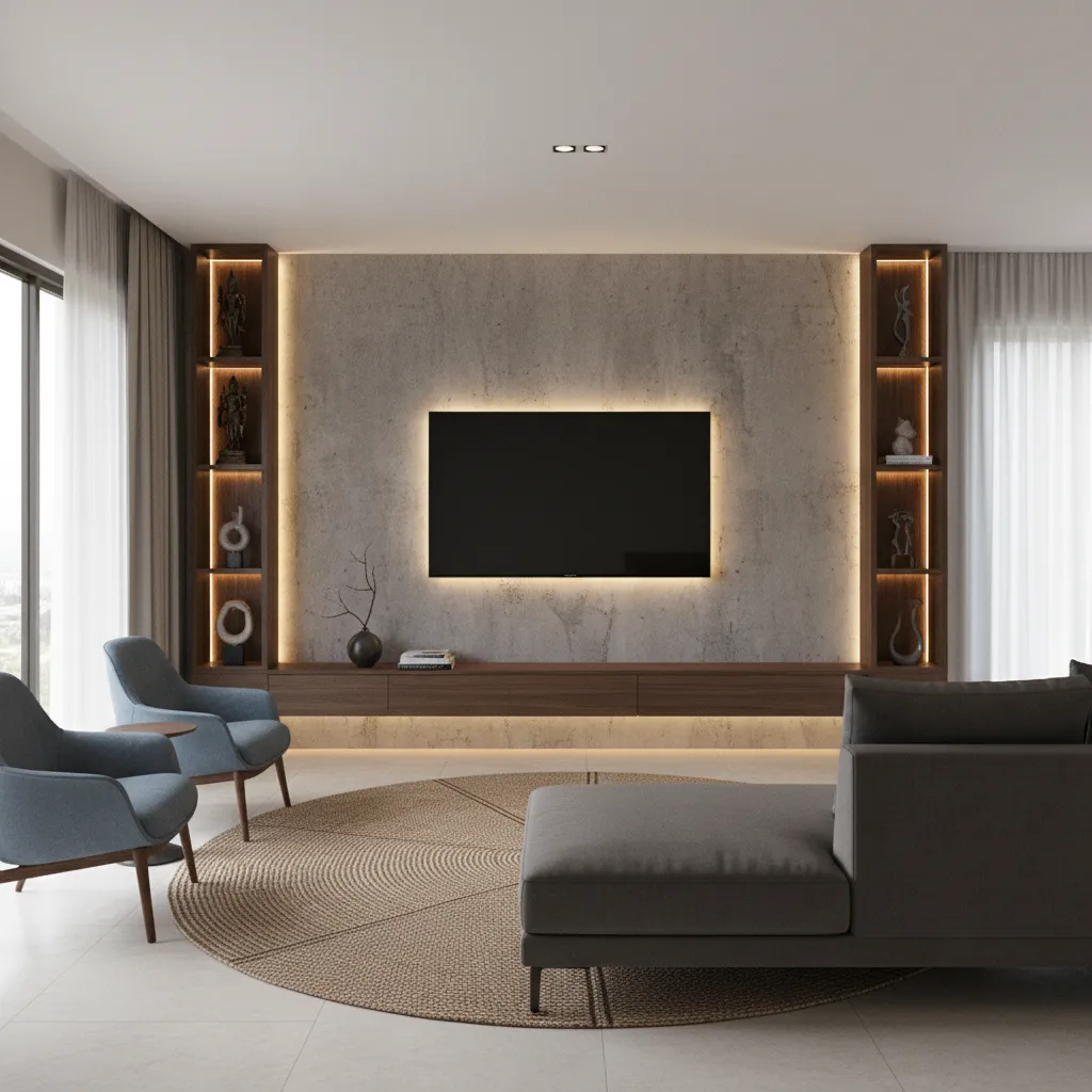 modern TV wall with concrete texture paint in Indian living room