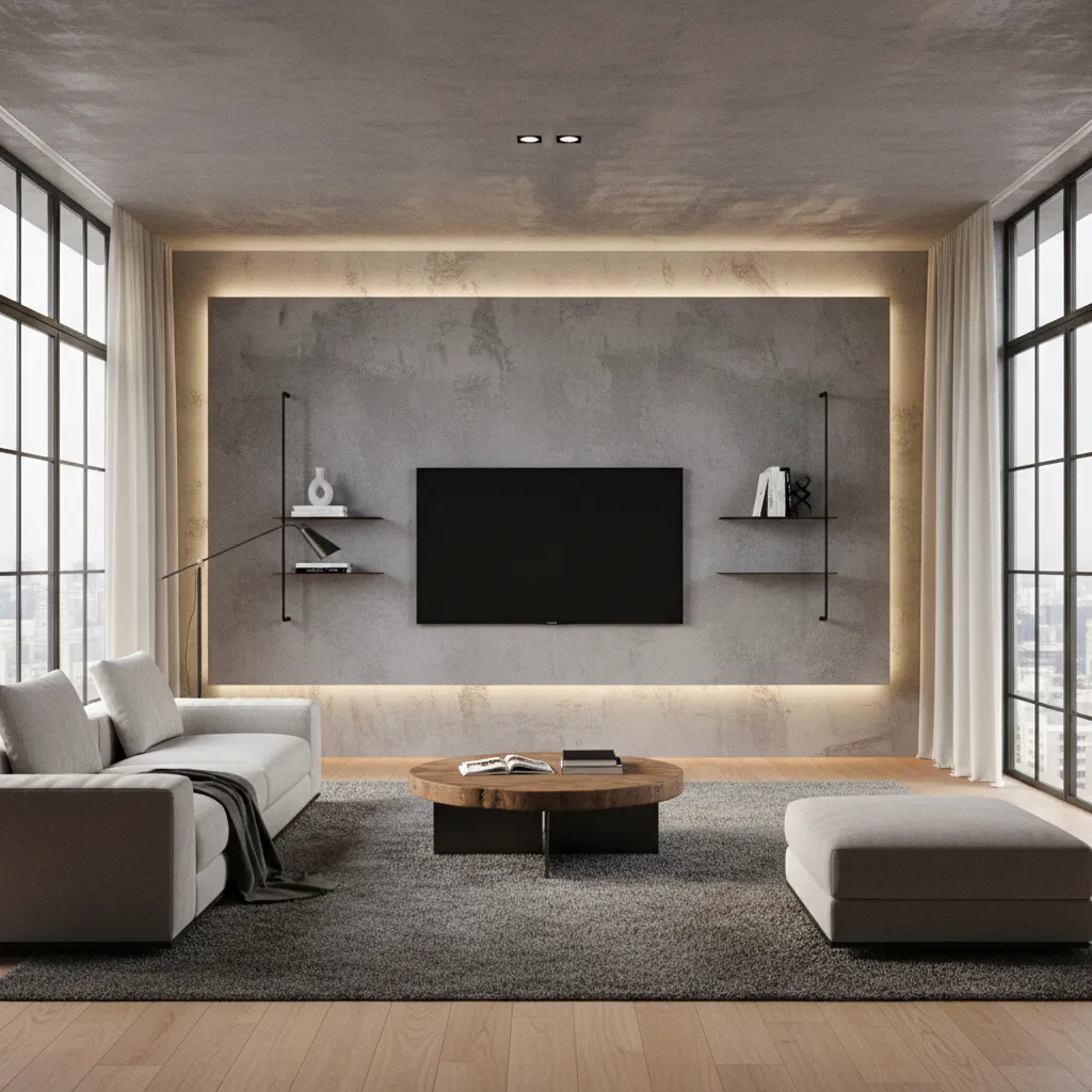 Concrete texture painted TV wall in modern living room