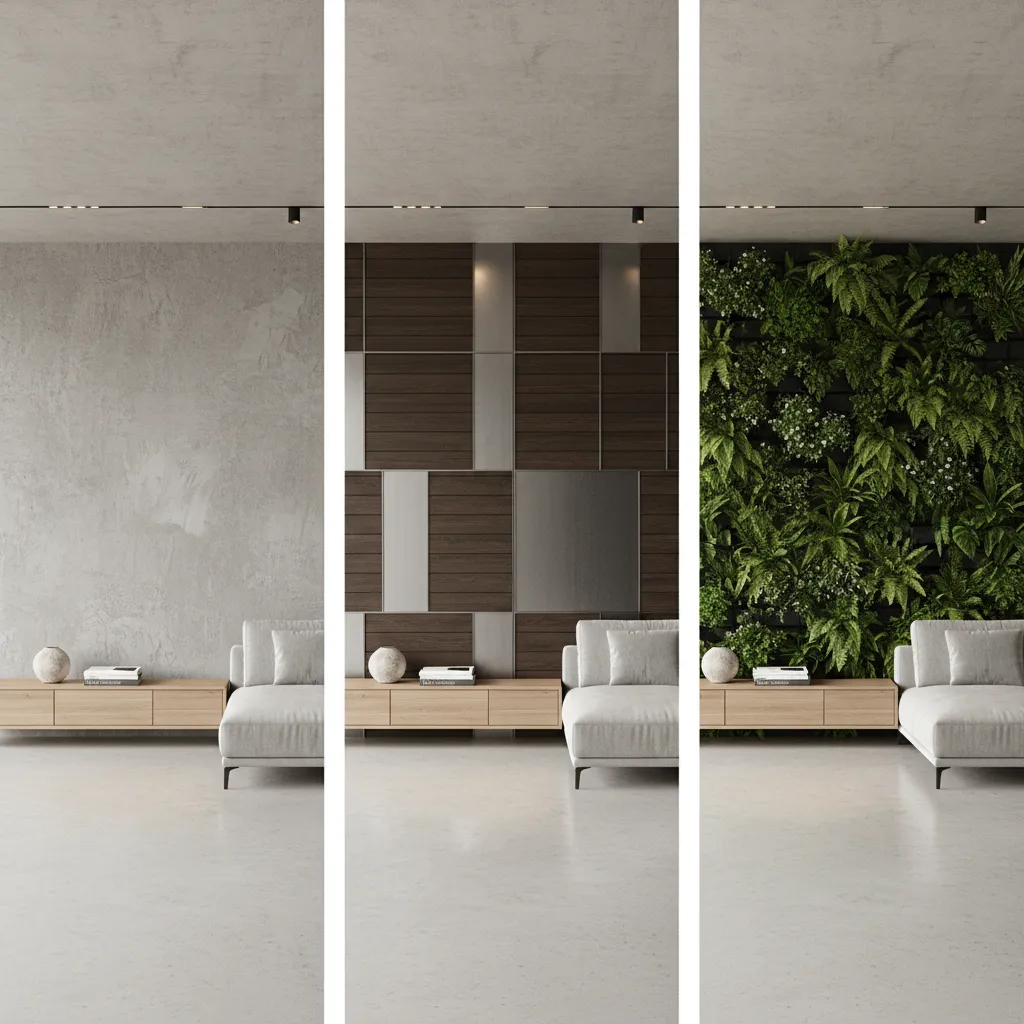 side by side comparison of painted wall panel wall and vertical garden wall