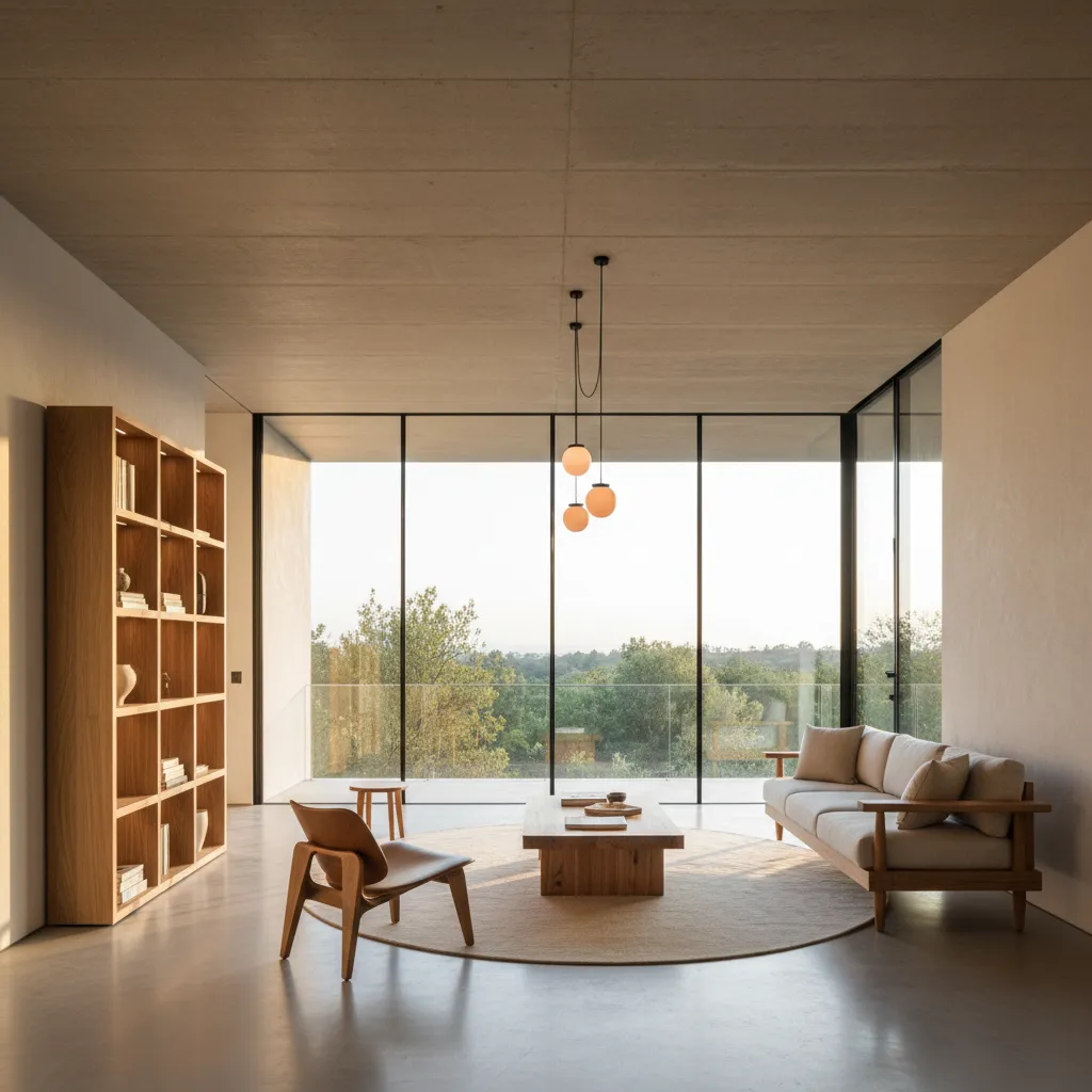 Interior moderno combinando suelo de hormigón con madera natural