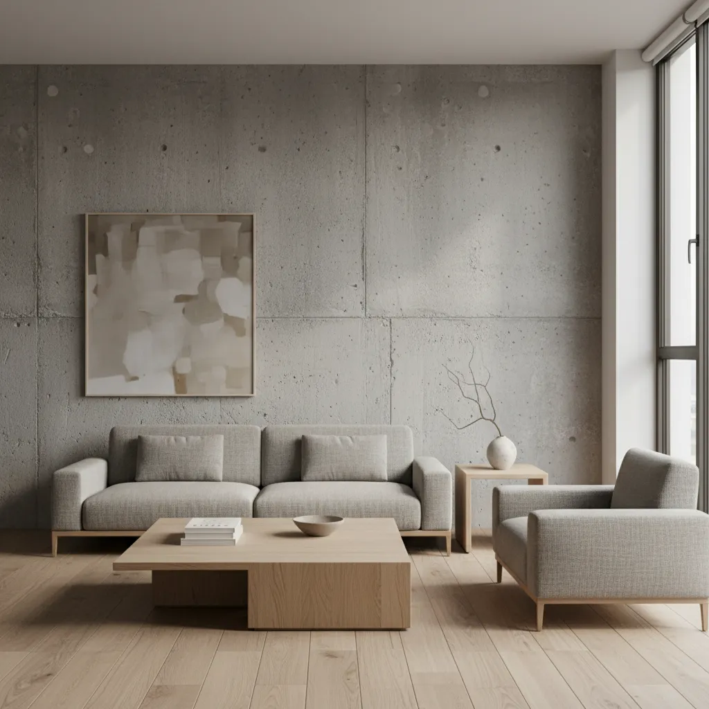 Detalle de interior con pared de hormigón y muebles de madera natural