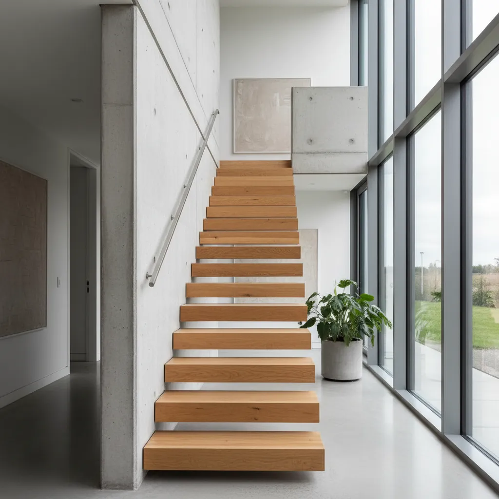 Wooden floating stairs next to concrete wall and large windows with an indoor green plant