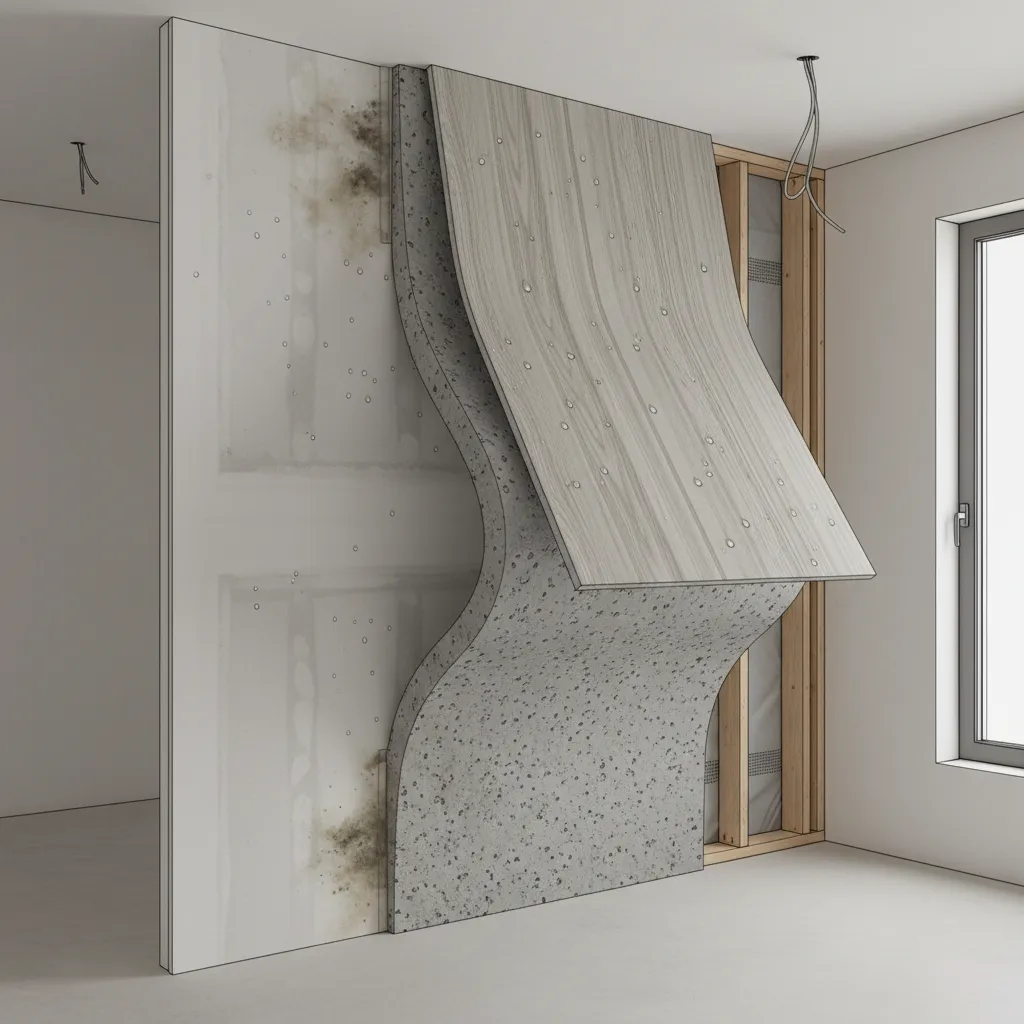 Condensation forming behind decorative insulated wall panel after removal