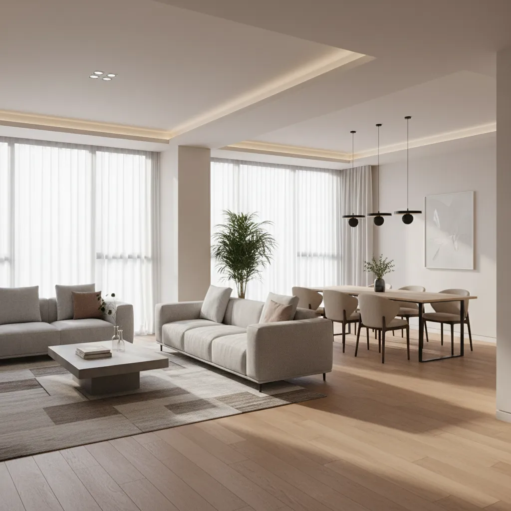 Modern living room with grey sofas dining table chairs black ceiling lights and big windows