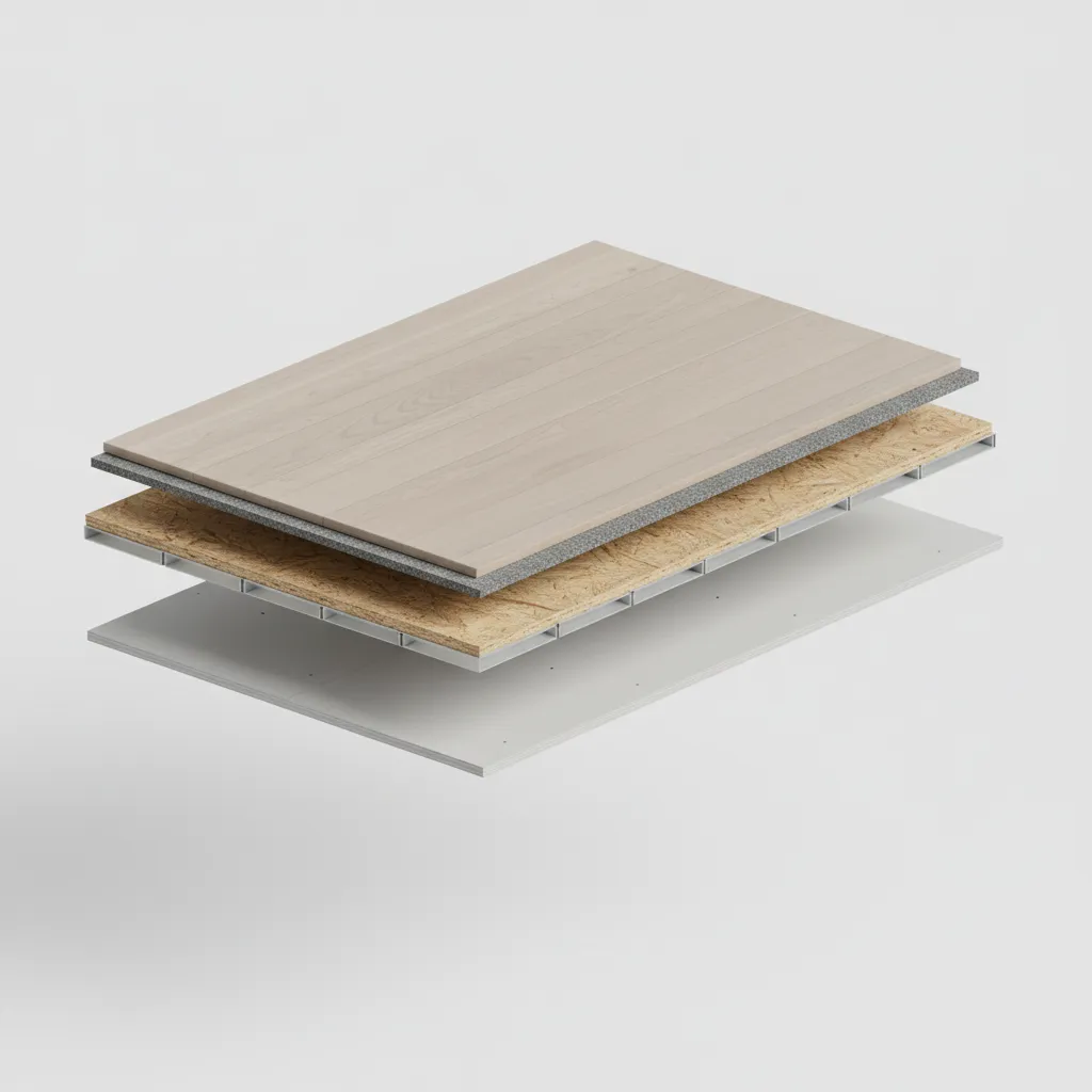 Condo flooring cross section showing acoustic underlayment beneath hardwood