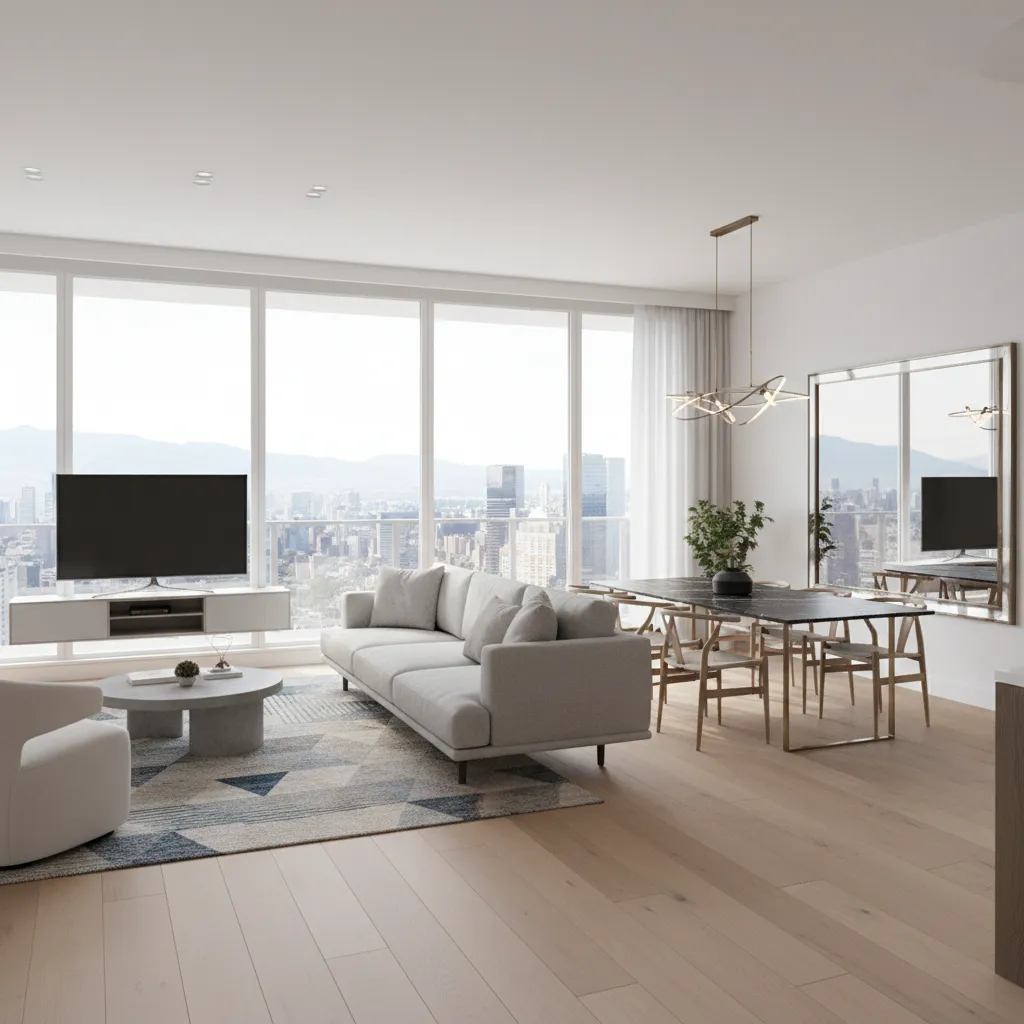 Condo living dining room showing sofa floating between living and dining zones