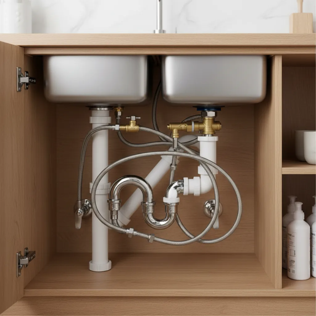 Kitchen cabinet interior showing plumbing pipes and hoses connected to a double metal sink basin