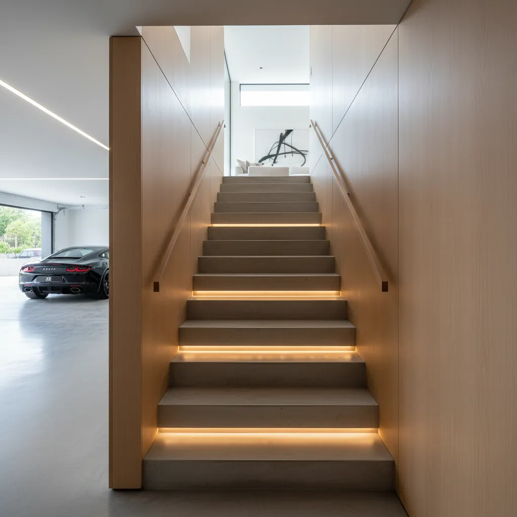 Modern wooden staircase with warm light strips next to a garage with a black car