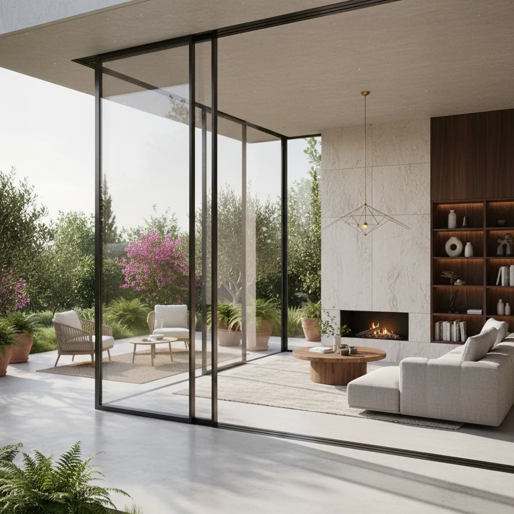 Modern living room with glass windows, white sofa, fireplace, ceiling light, and outdoor garden patio