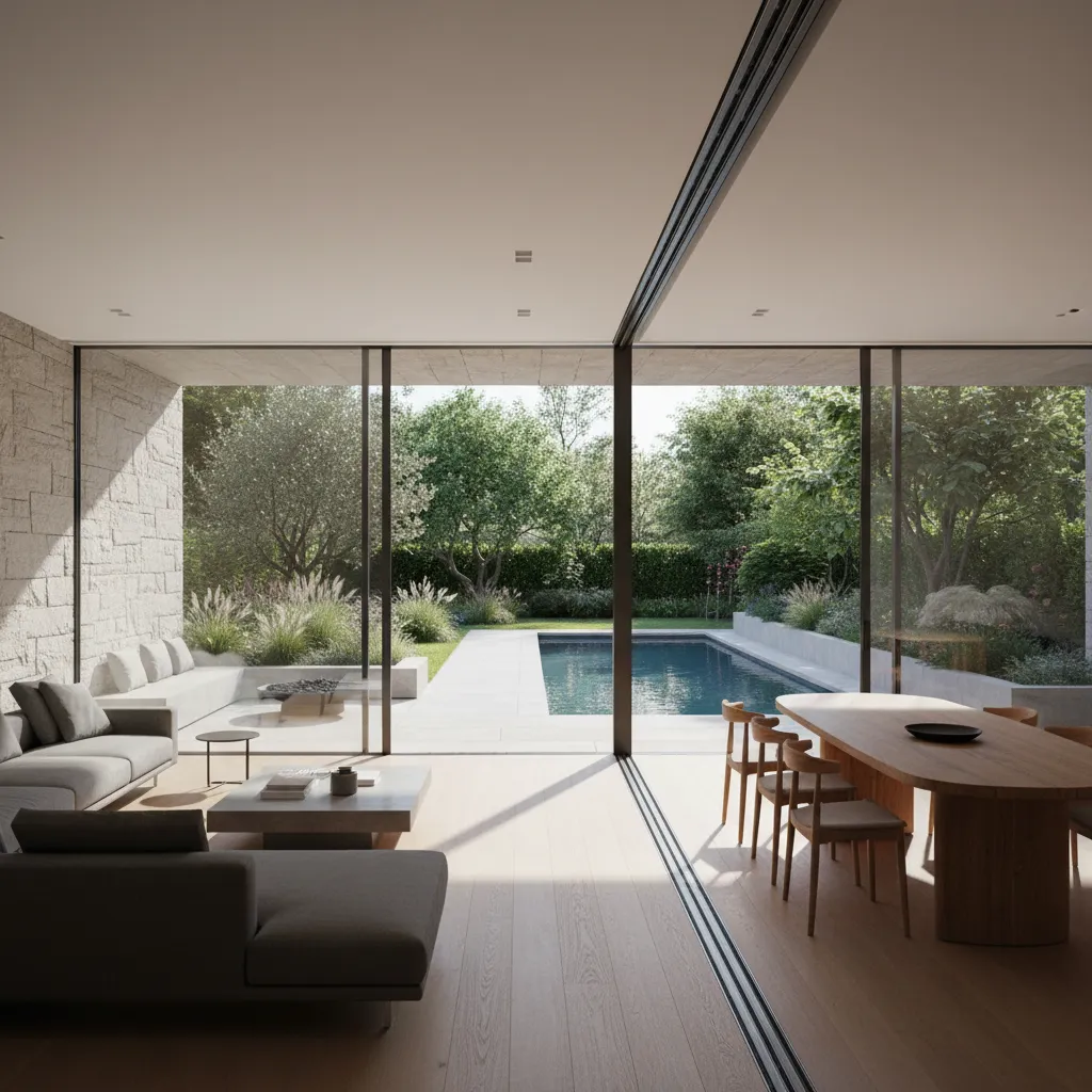 Modern living room with glass walls opening to an outdoor swimming pool and green garden