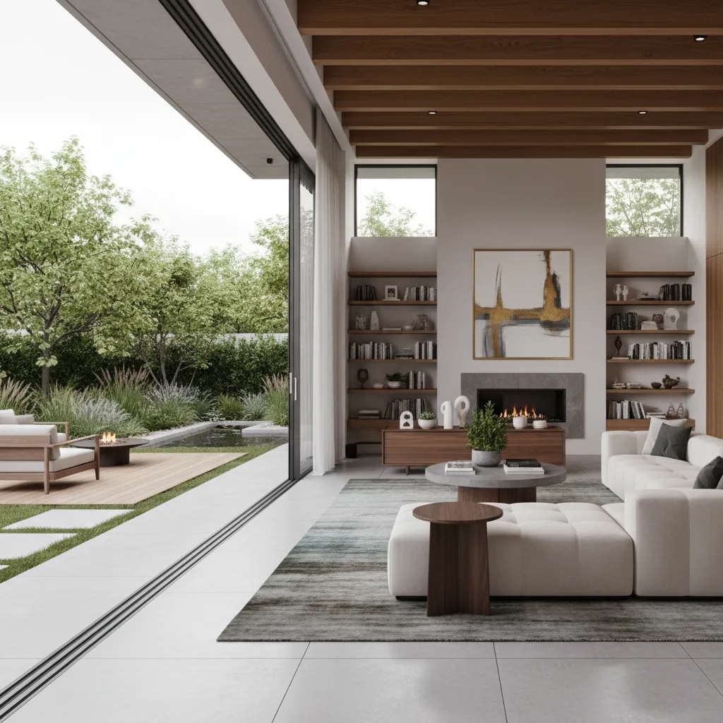 White living room with sofa fireplace bookshelves and sliding glass doors showing green garden view