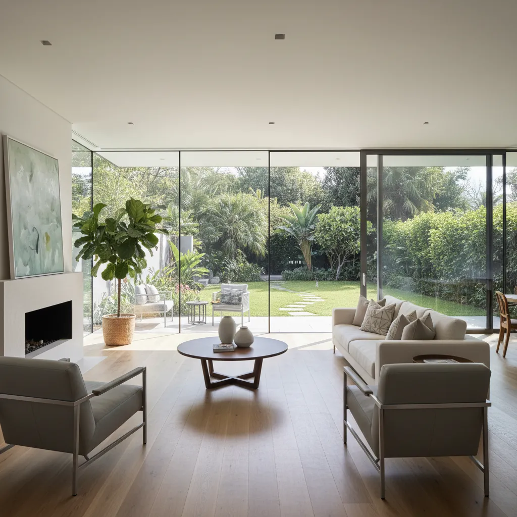 Salón conectado visualmente con jardín mediante grandes ventanales