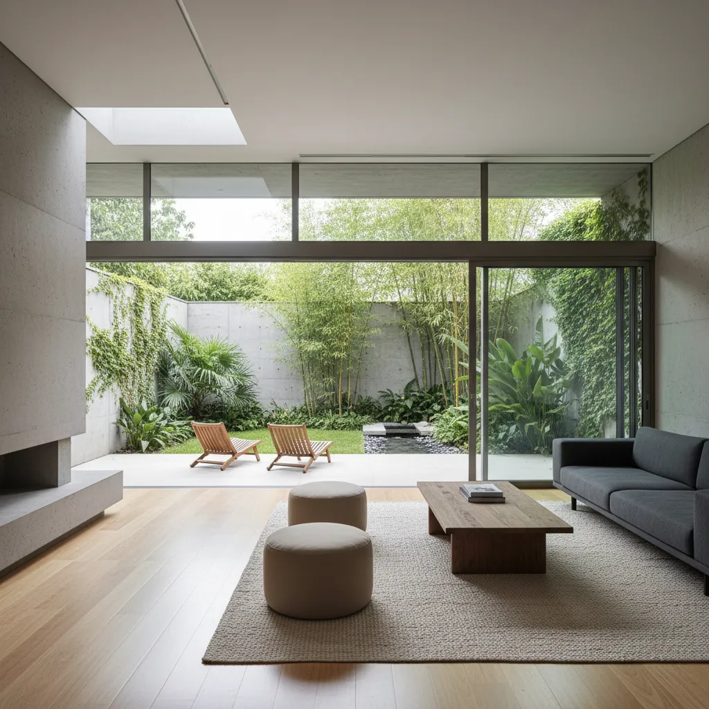 Salón moderno abierto hacia el jardín mediante ventanales grandes