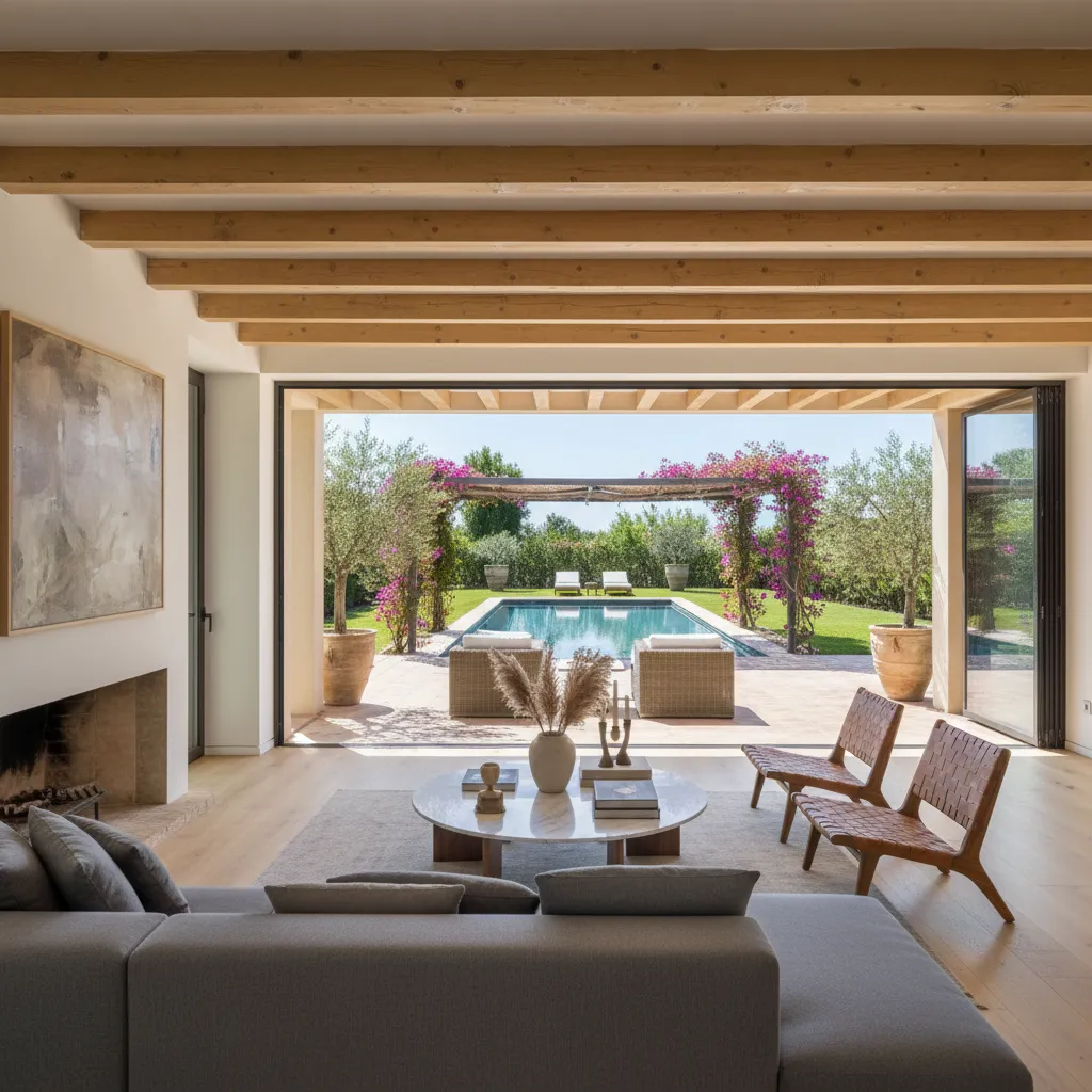 salón de chalet conectado con jardín exterior mediante puertas de cristal