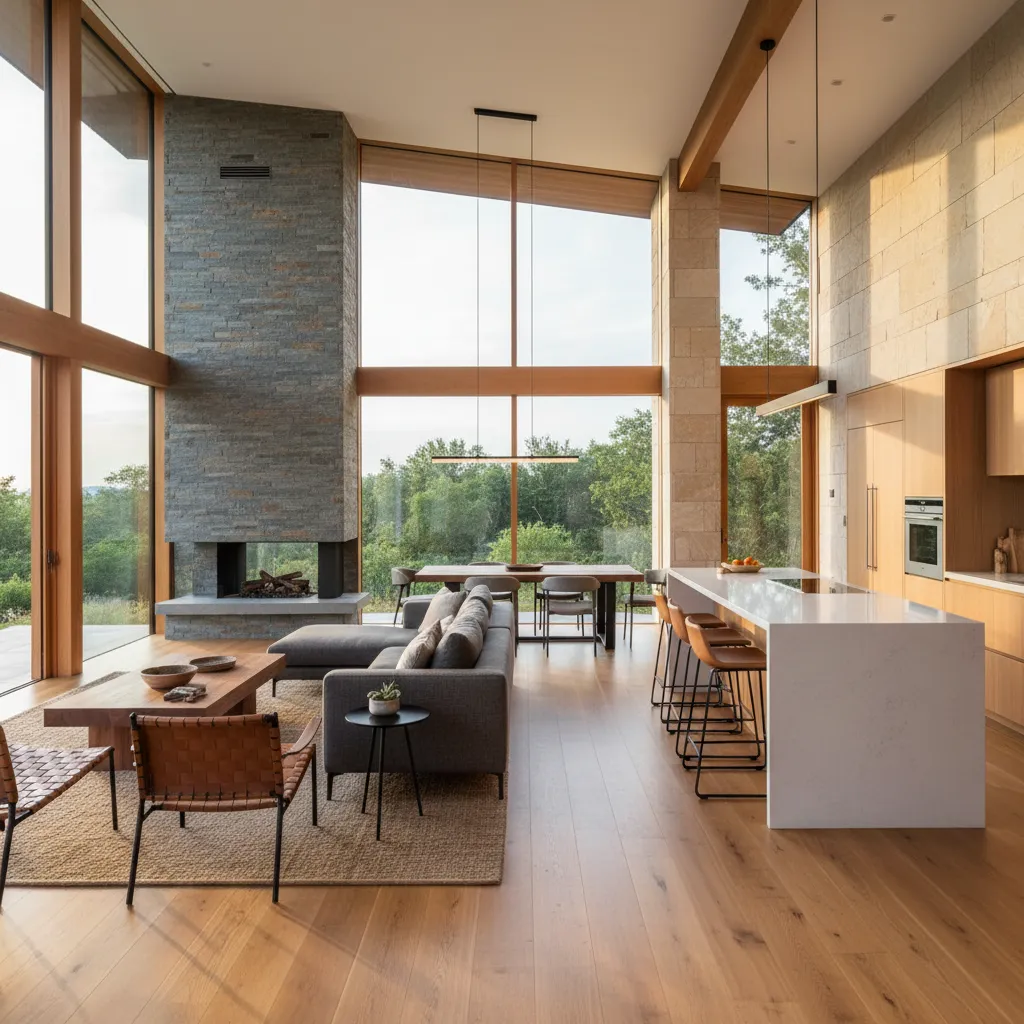 Espacio abierto de salón y cocina bien conectados en una casa moderna