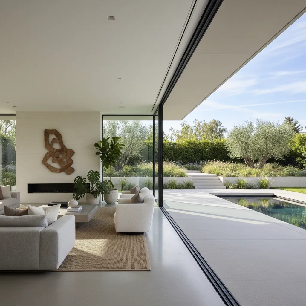 Salón moderno conectado visualmente con el jardín mediante ventanales