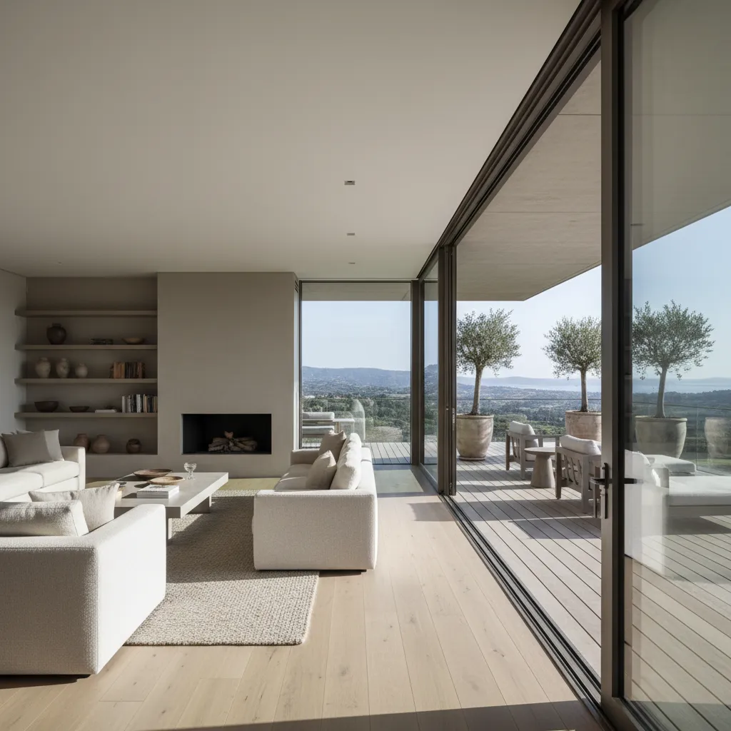 Salón conectado con terraza mediante puertas correderas de vidrio
