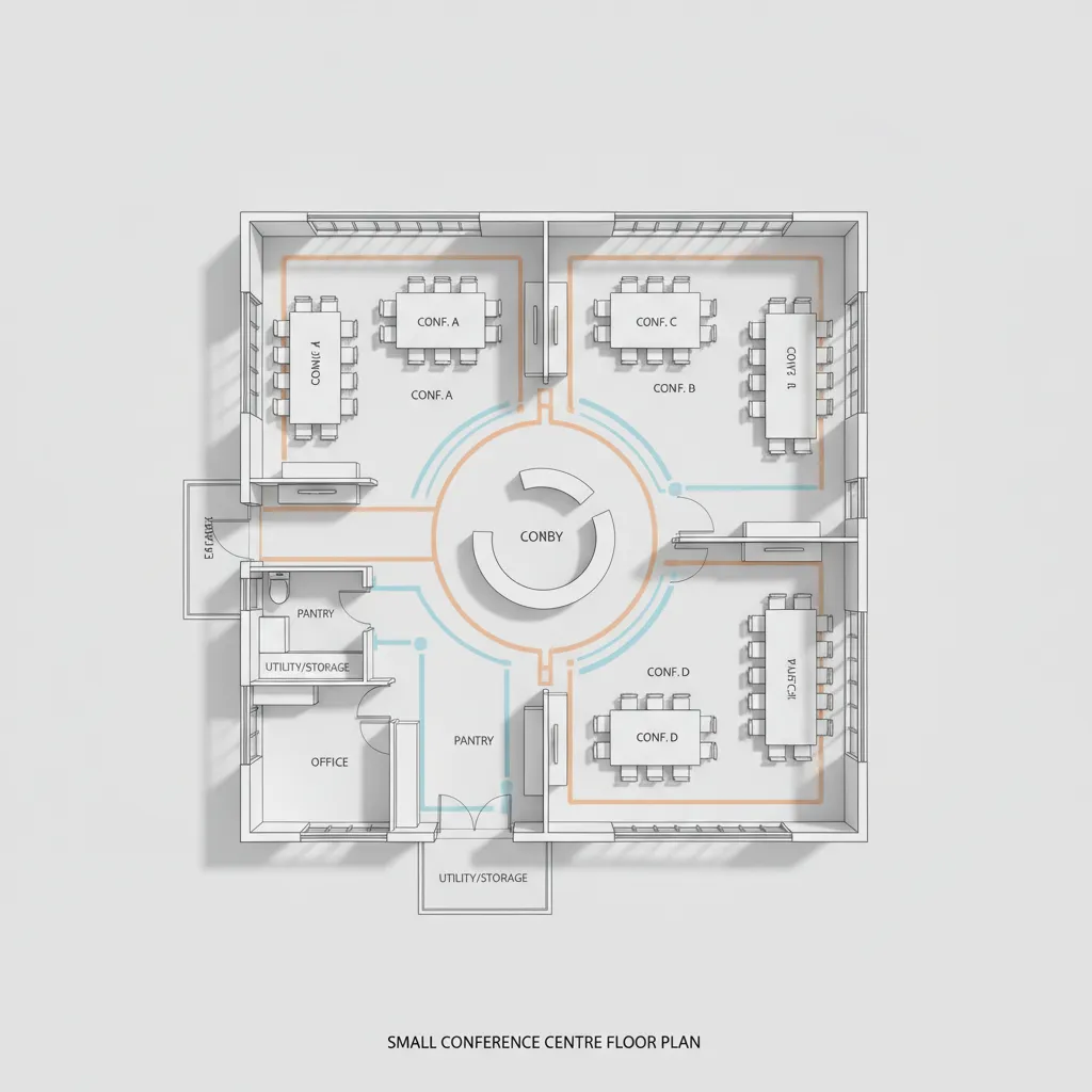 diagram style visualization of circulation flow in a small conference centre floor plan