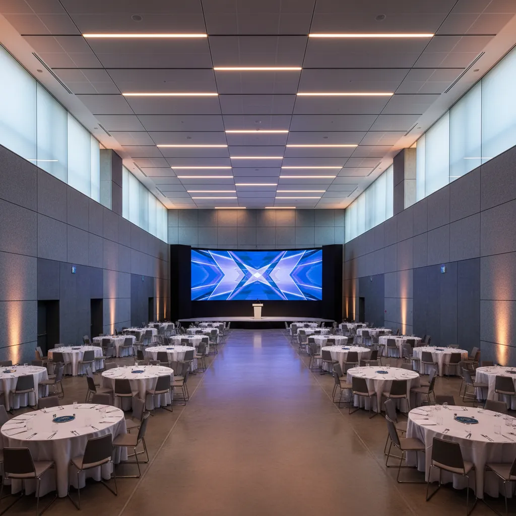 Wide view of a conference venue showing organized seating zones and stage layout