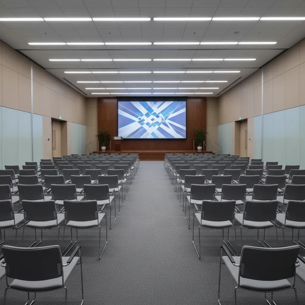 conference hall layout with stage screen and organized seating sections