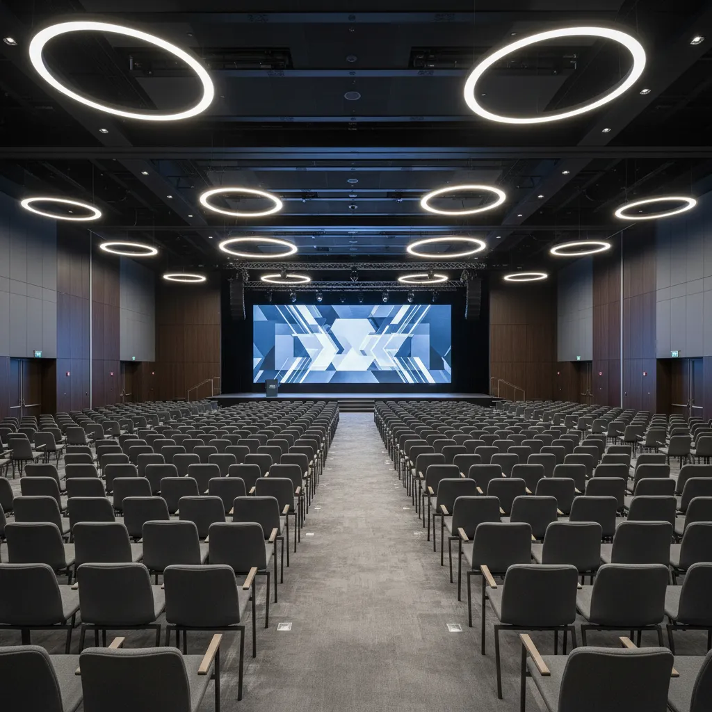 conference event seating layout with stage and rows of chairs