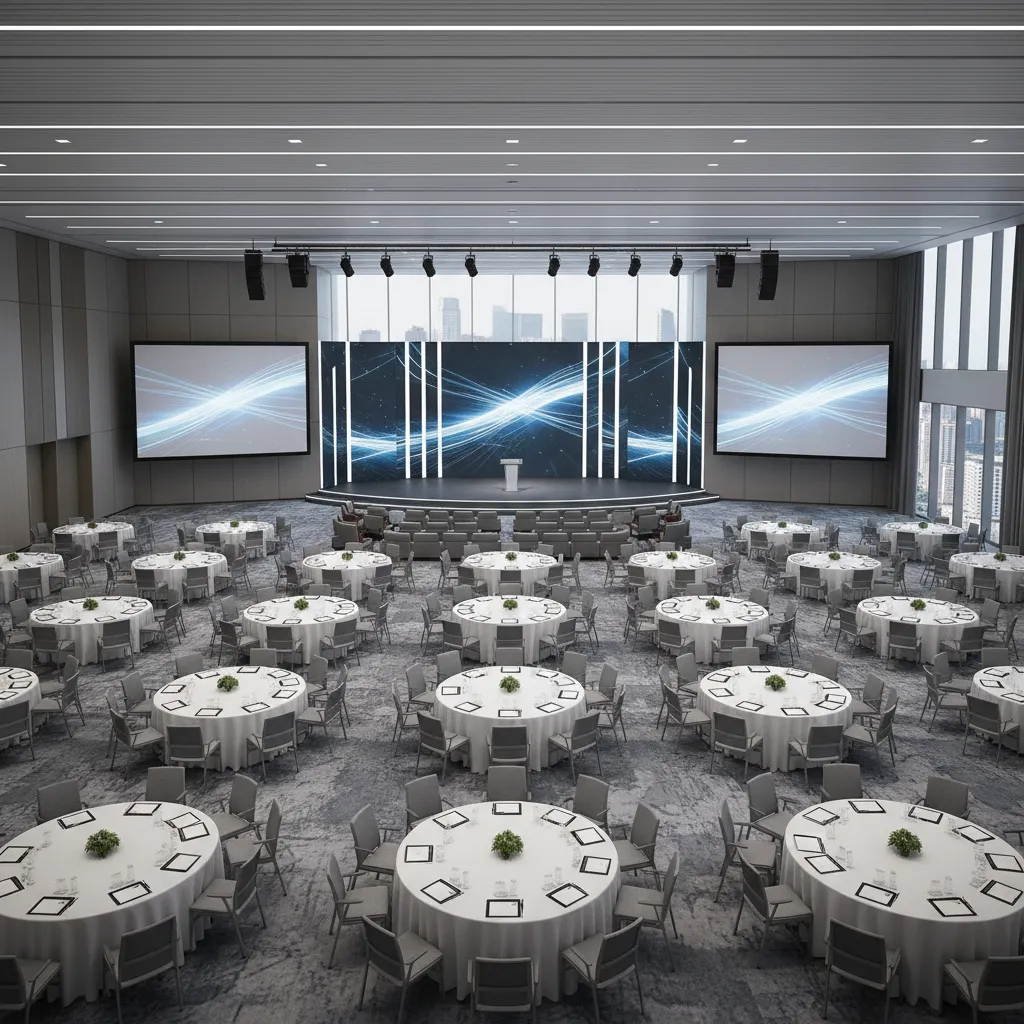 3D event planning layout showing tables seating and stage arrangement