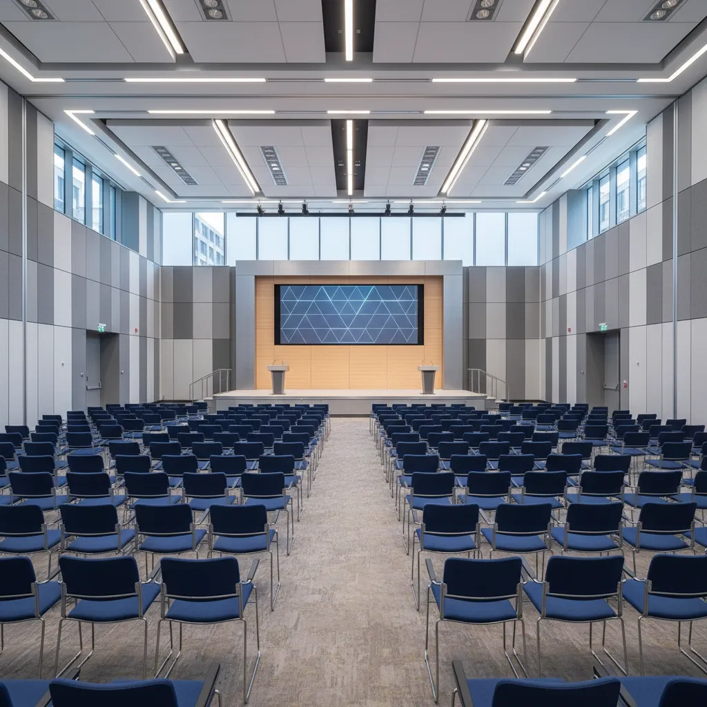 Large conference hall with organized seating layout and stage