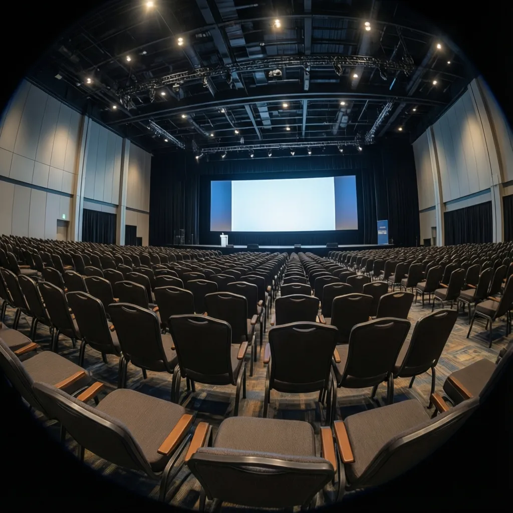 Large conference event theater seating arrangement facing stage and presentation screen