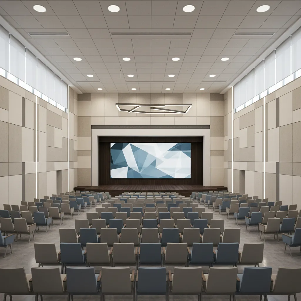 3D conference hall model overview showing seating rows and stage layout