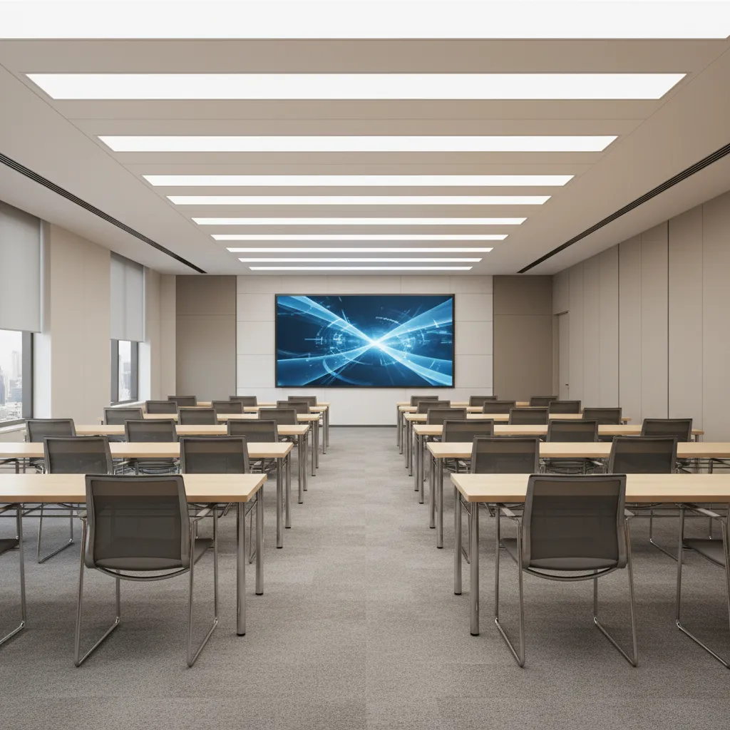 Modern conference hall 3D model with tables presentation screen and flexible seating