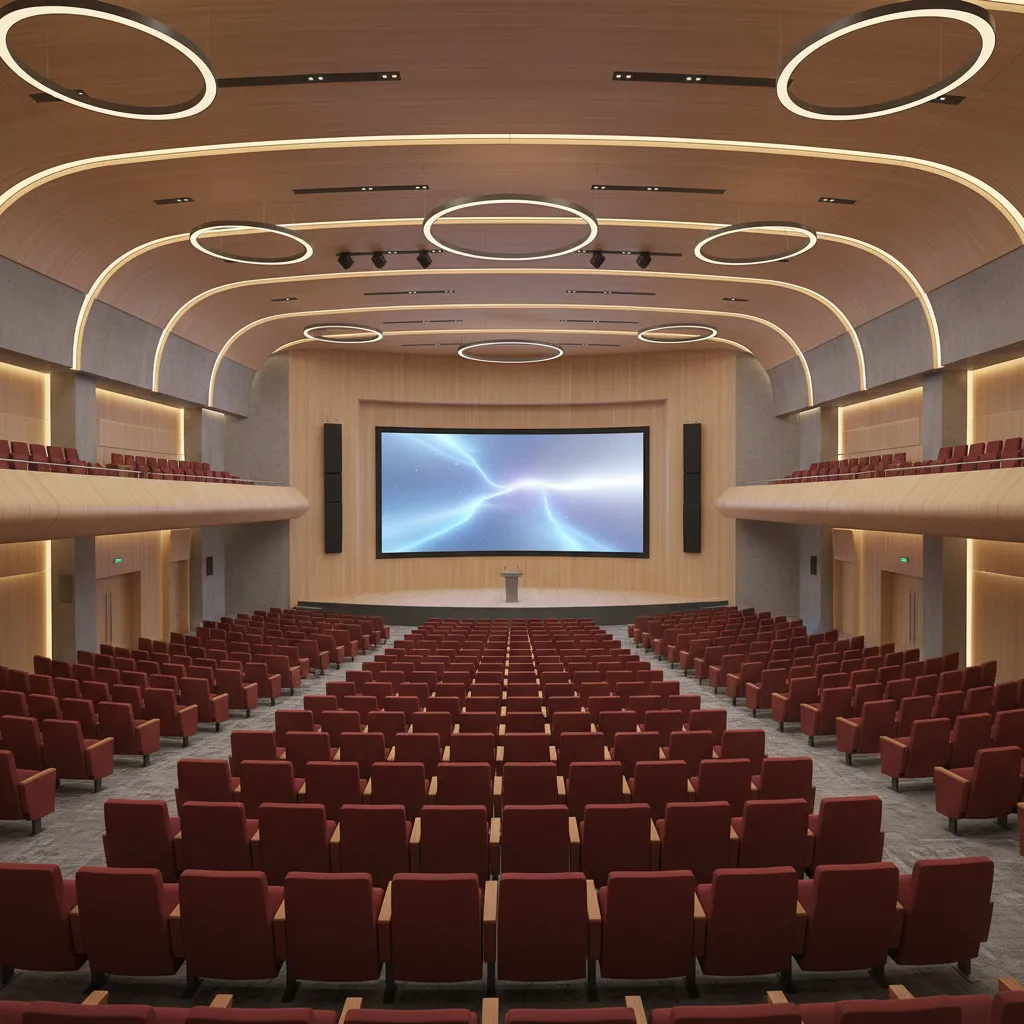 Large 3D conference hall model overview showing seating layout and stage
