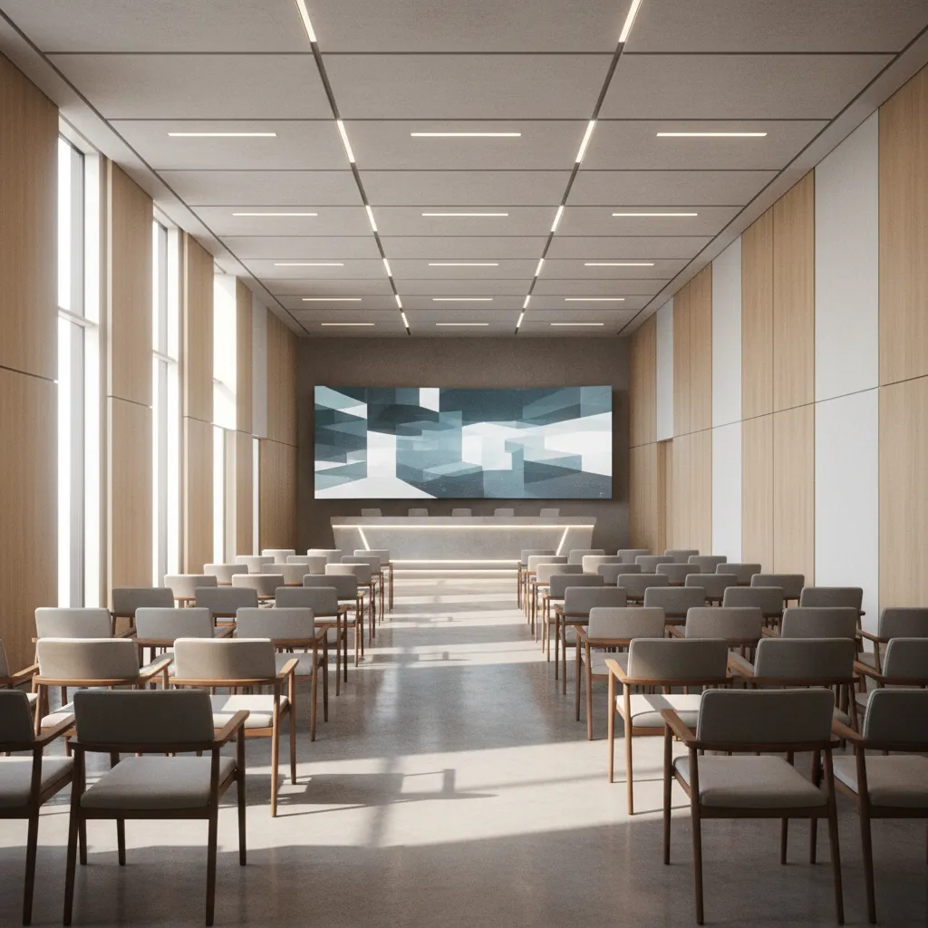 3D architectural model of a conference hall with seating layout and stage
