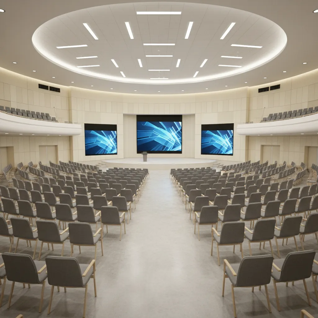 3D visualization of conference hall seating rows and stage visibility layout