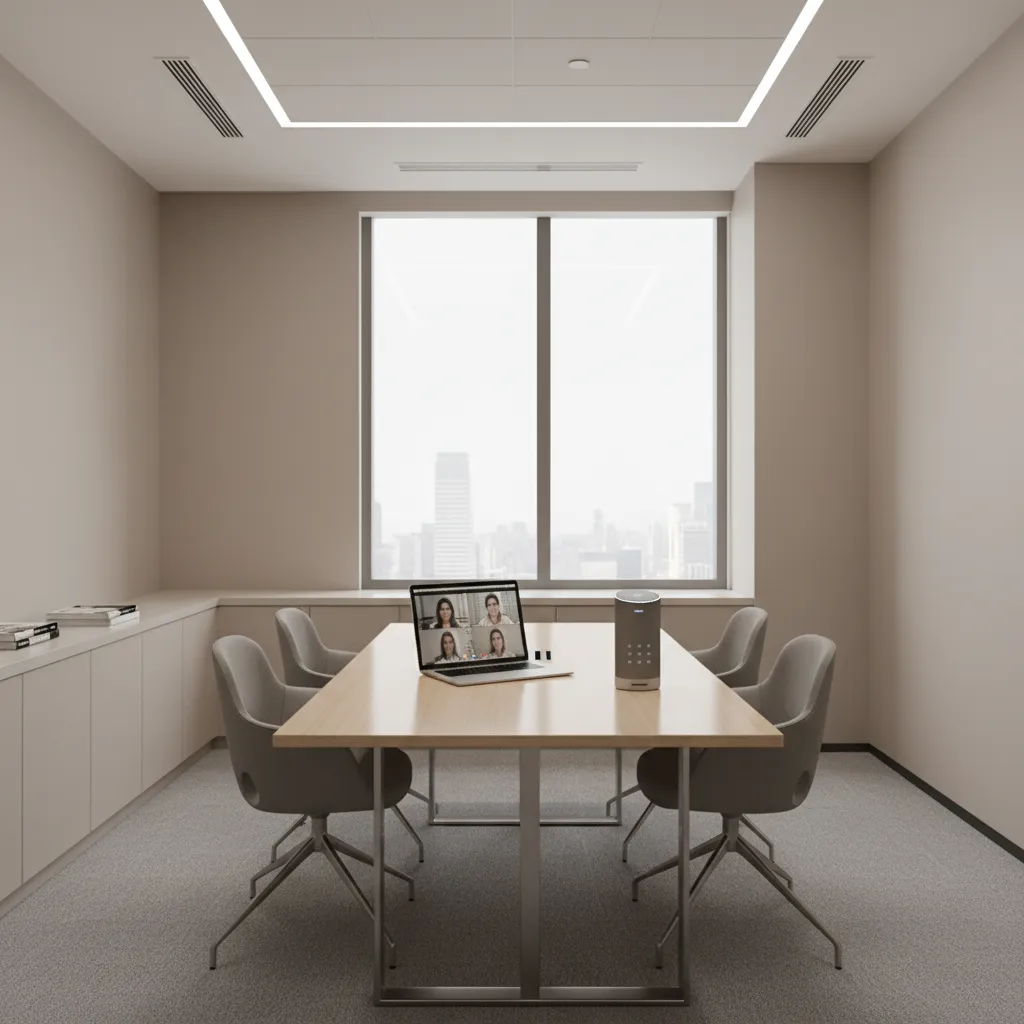 conference table with laptop microphone and speakerphone causing audio conflict