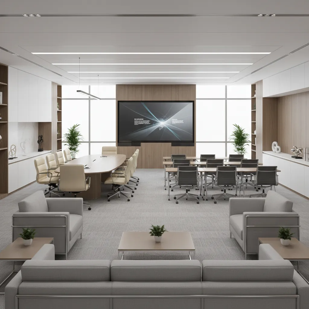 Large office room layout with meeting table seating area sofas and a wall mounted screen