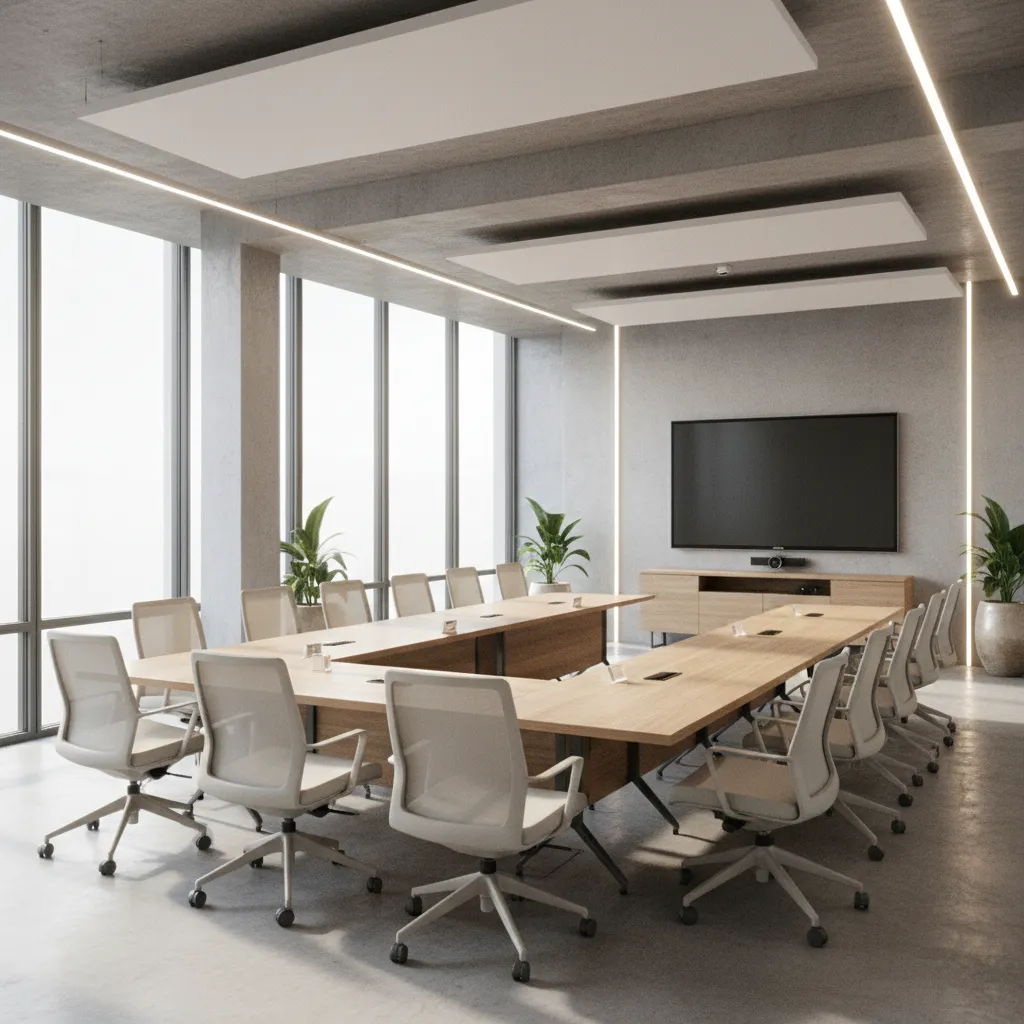 conference room seating angled toward central presentation screen