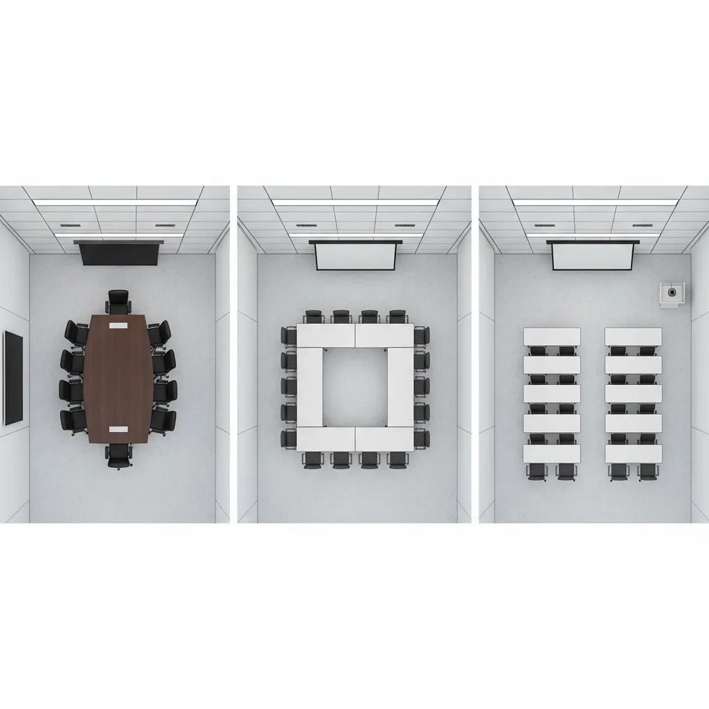 Different meeting room seating layouts including boardroom classroom and u shape