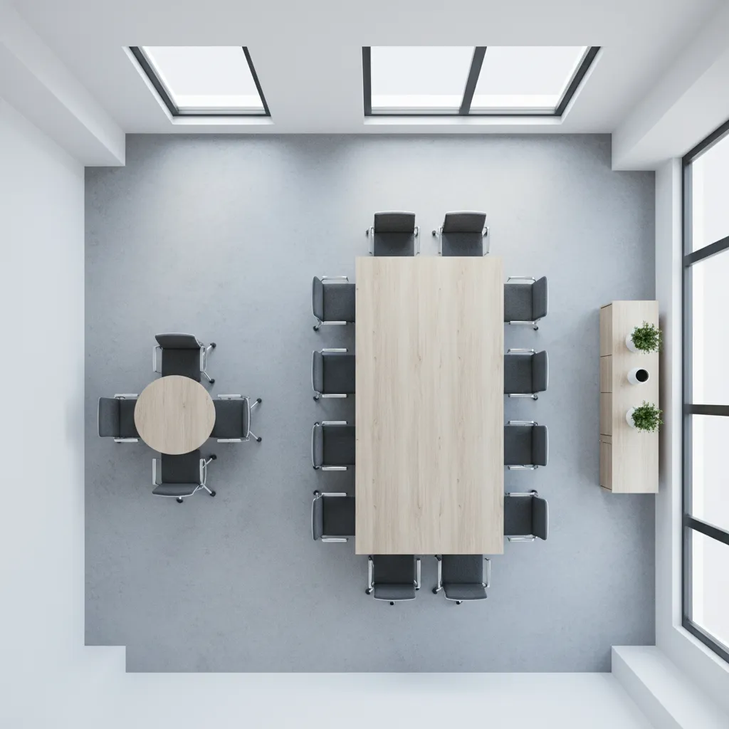 Top view conference seating spacing and circulation planning in office meeting room