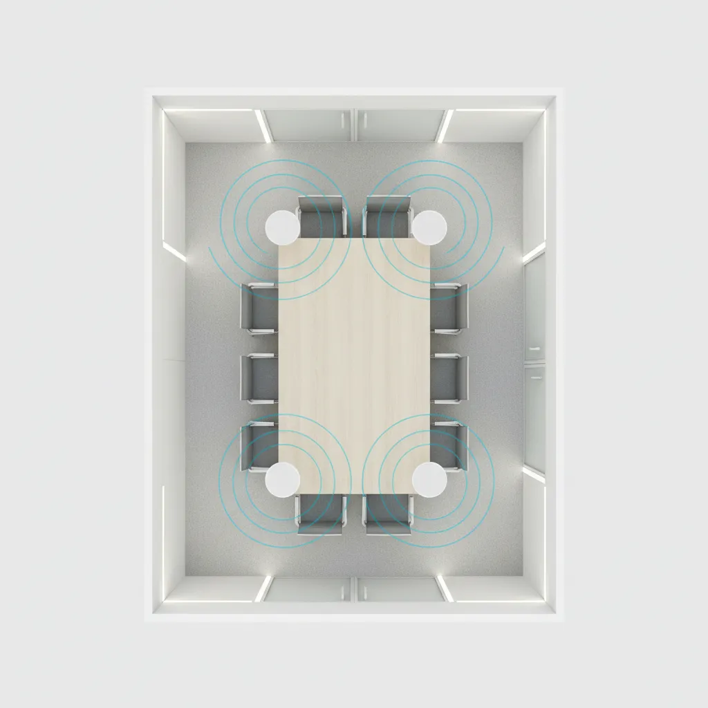 Top view diagram showing speaker coverage across a small meeting table