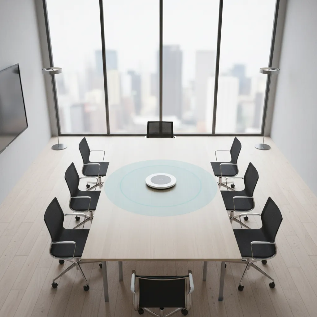 Diagram showing microphone coverage radius for conference speaker on meeting table