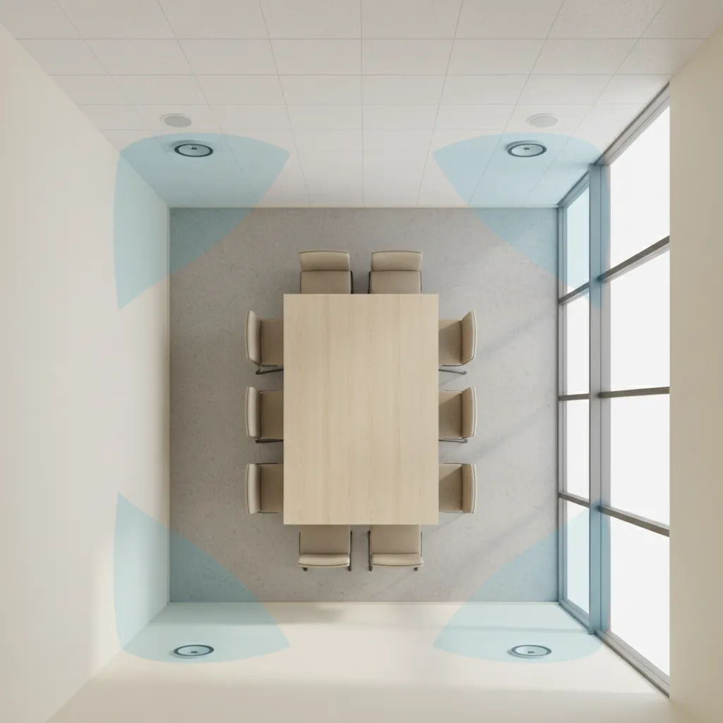 Diagram style meeting room showing optimal speaker placement around table