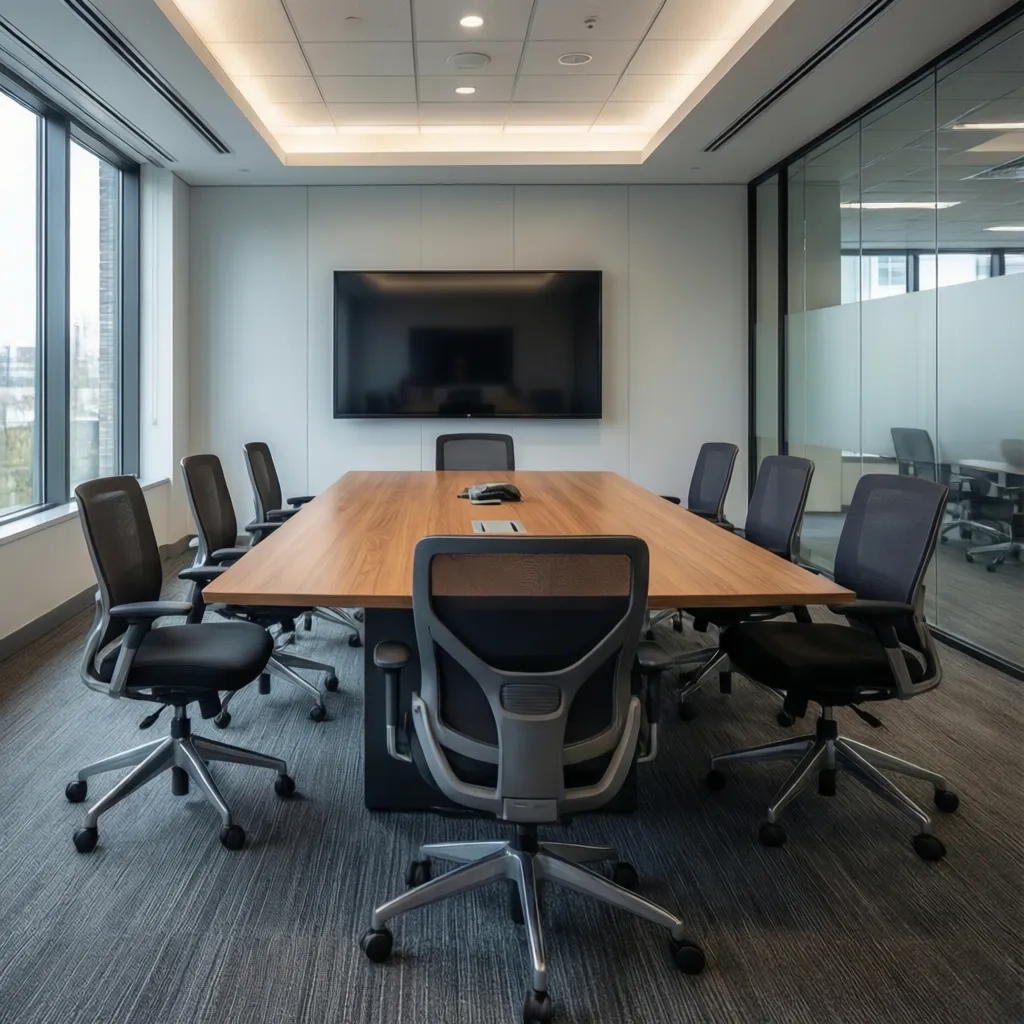 Small meeting room seating arranged for optimal screen visibility