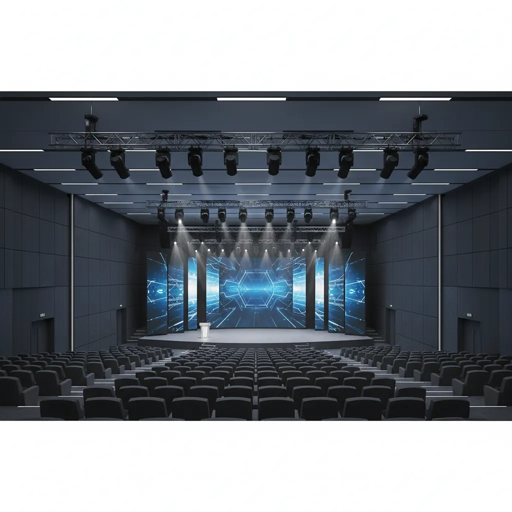 Large conference venue seminar hall with stage lighting and tiered audience seating